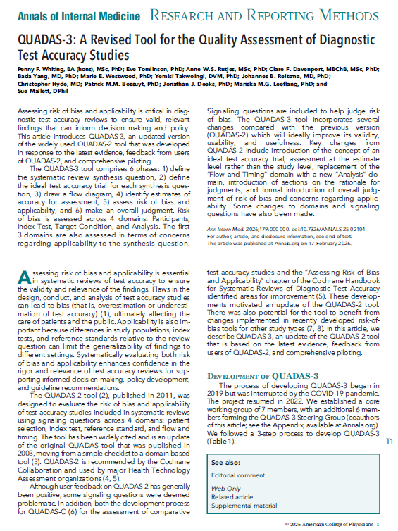 Image showing the front page of the QUADAS-3 publication in annals of internal medicine